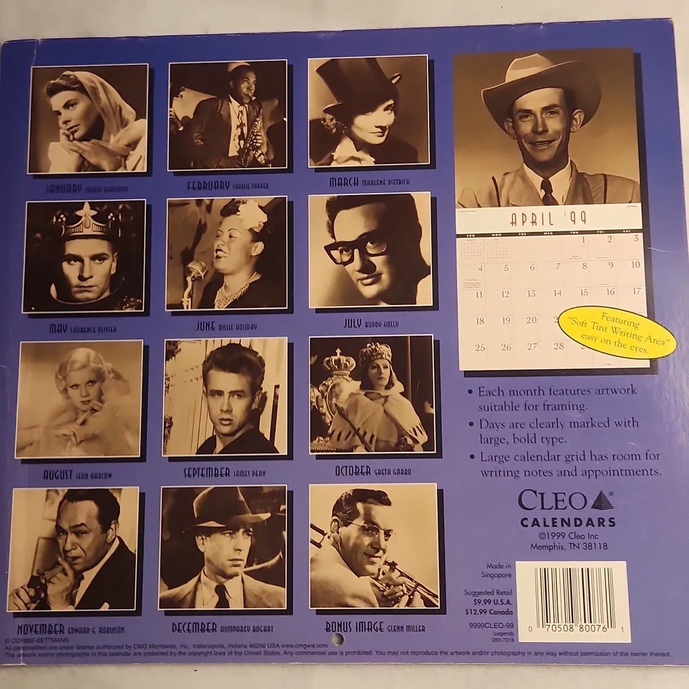 Vintage 1999 Cleo calendar Music And Movie Legends. Unused